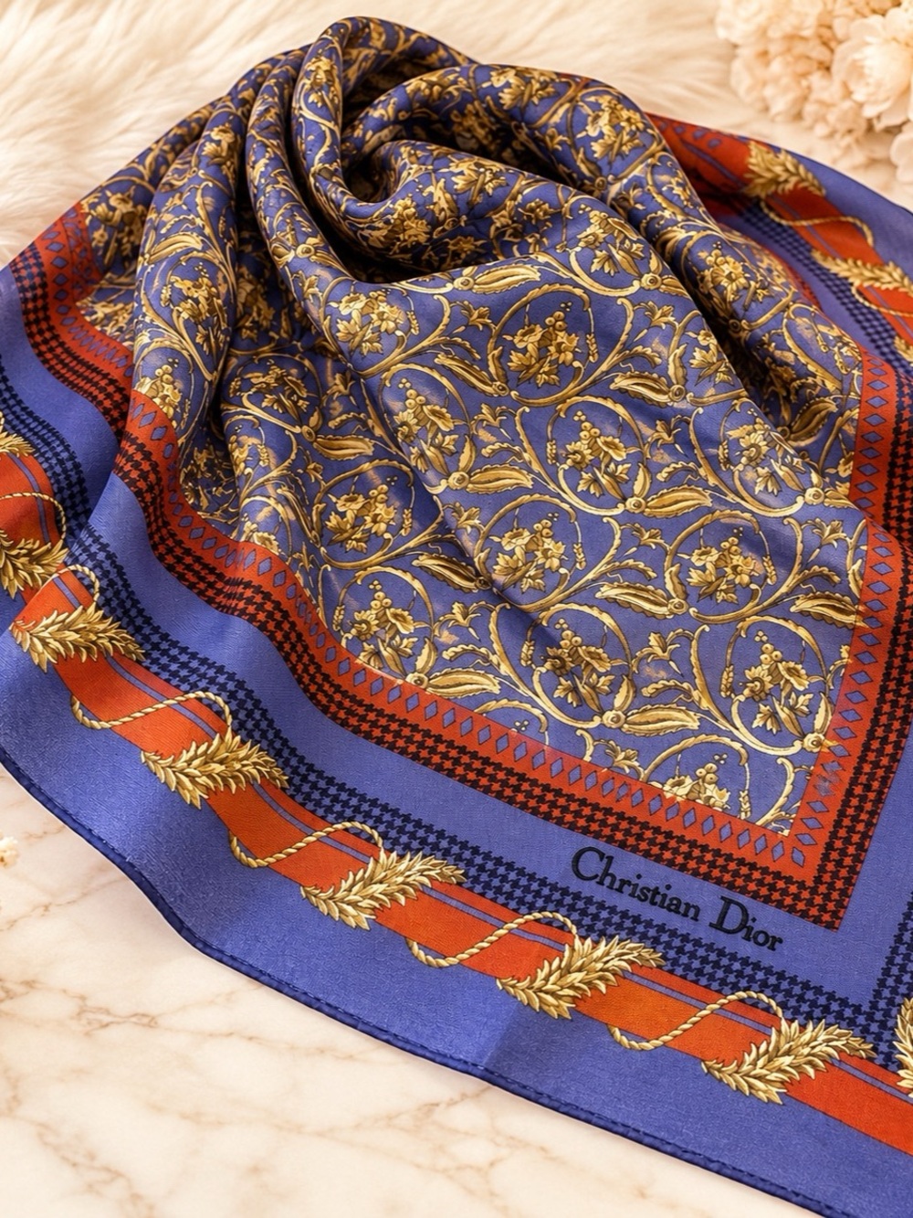 Christian Dior Royal Blue Gold Floral Cotton Scarf 18”